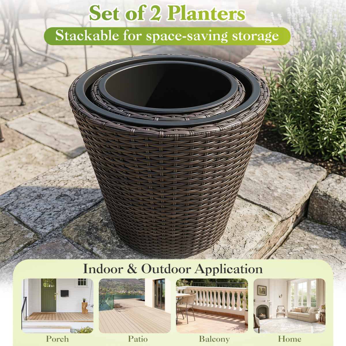 Set of 2 Plastic Taper Rattan Planters with Drainage Holes and Saucers