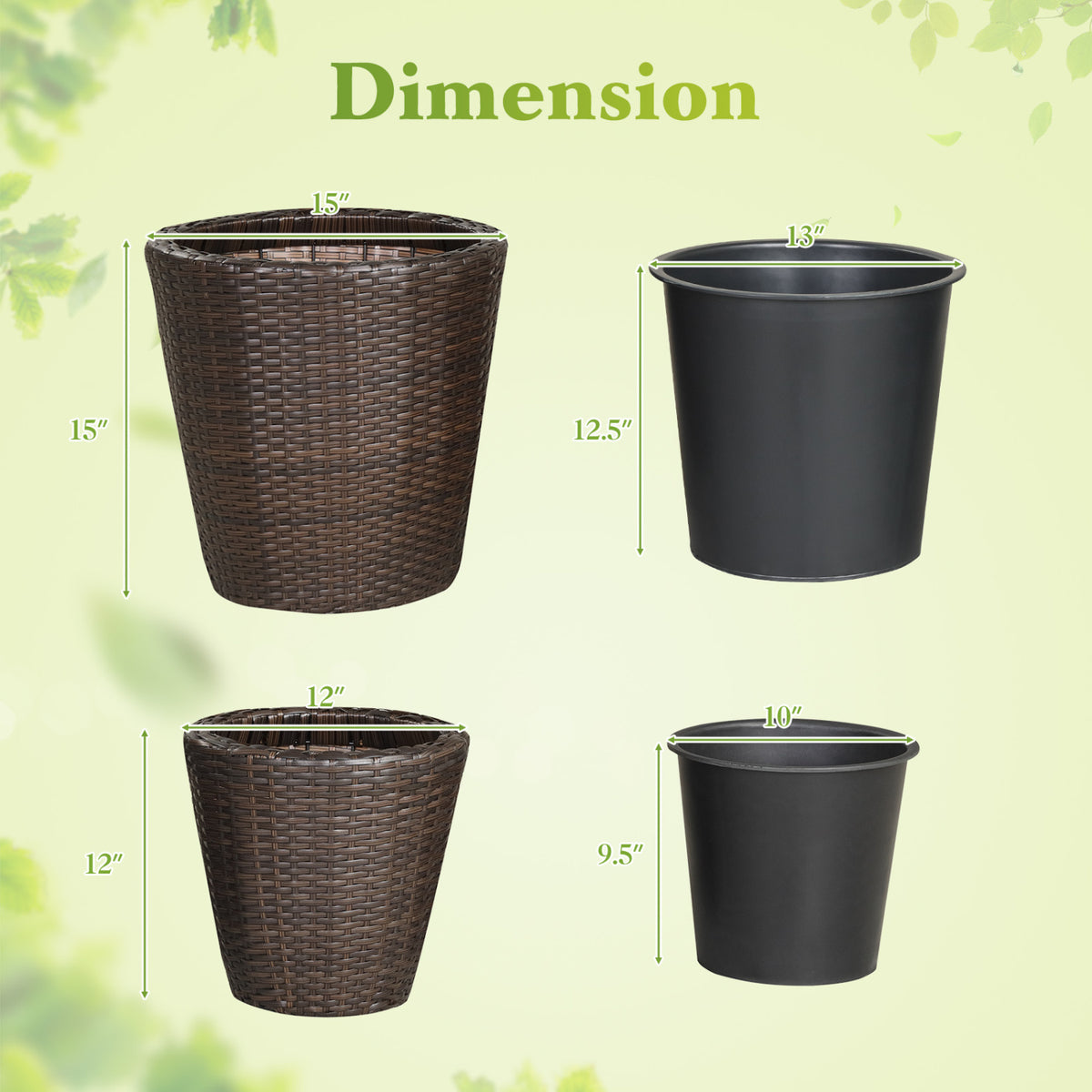 Set of 2 Plastic Taper Rattan Planters with Drainage Holes and Saucers
