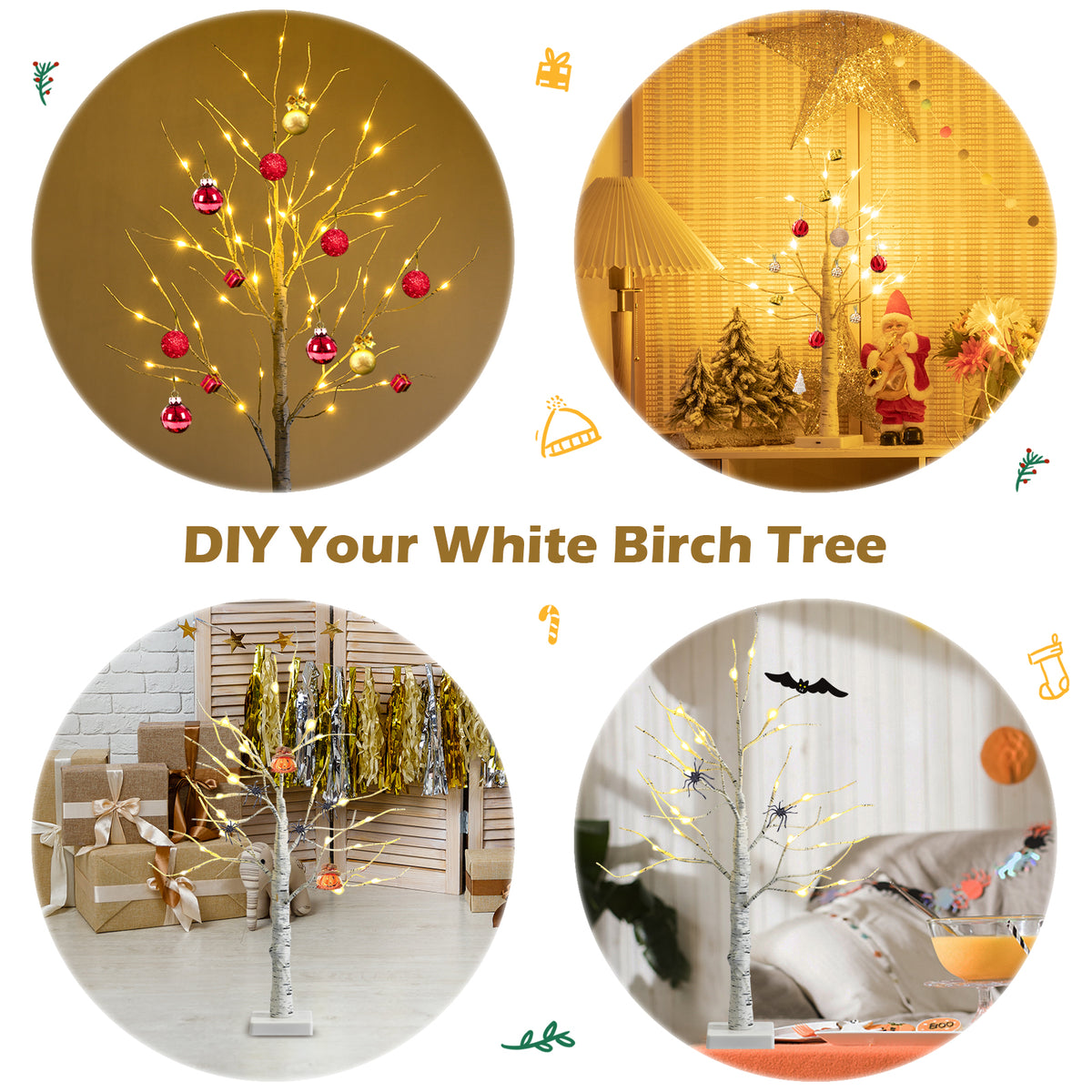 Pre-lit White Birch Tree Set - Battery Powered Indoor Holiday Decor