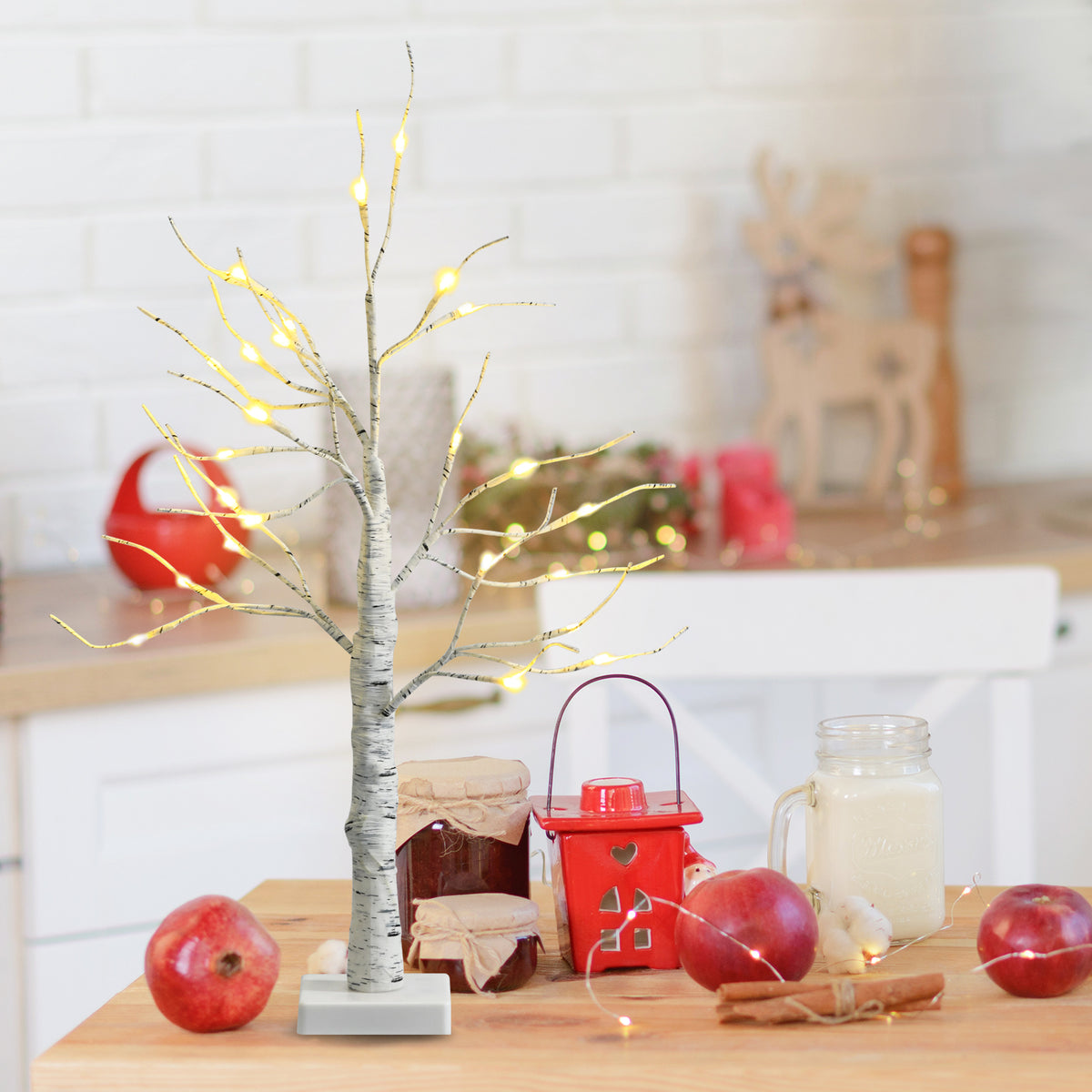 Pre-lit White Birch Tree Set - Battery Powered Indoor Holiday Decor