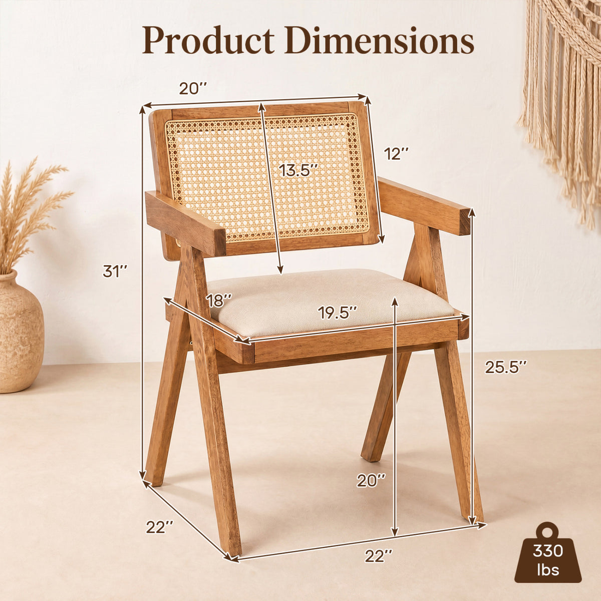 Set of 2 Rattan Accent Chairs with Padded Cushion - Beige