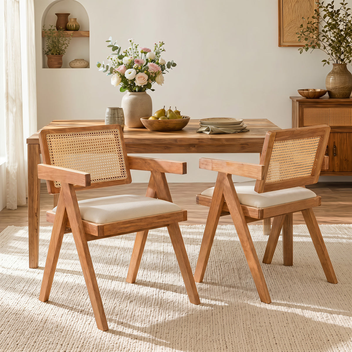 Set of 2 Rattan Accent Chairs with Cushion - Beige