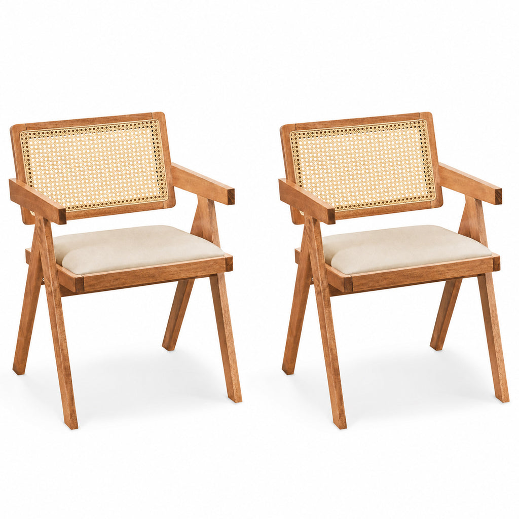 Set of 2 Rattan Accent Chairs with Padded Cushion - Beige