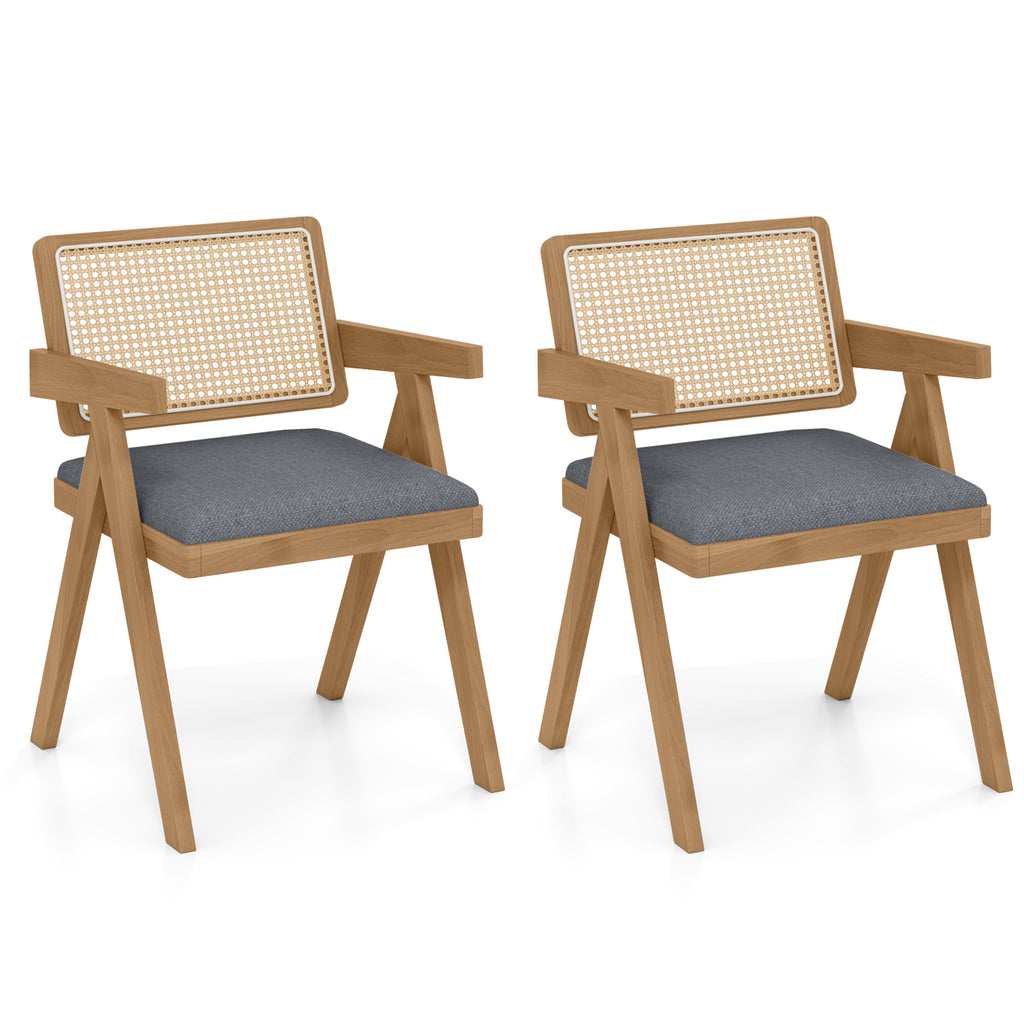 Rattan Accent Chairs Set of 2 with Padded Cushion - PE Rattan Backrest, Gray