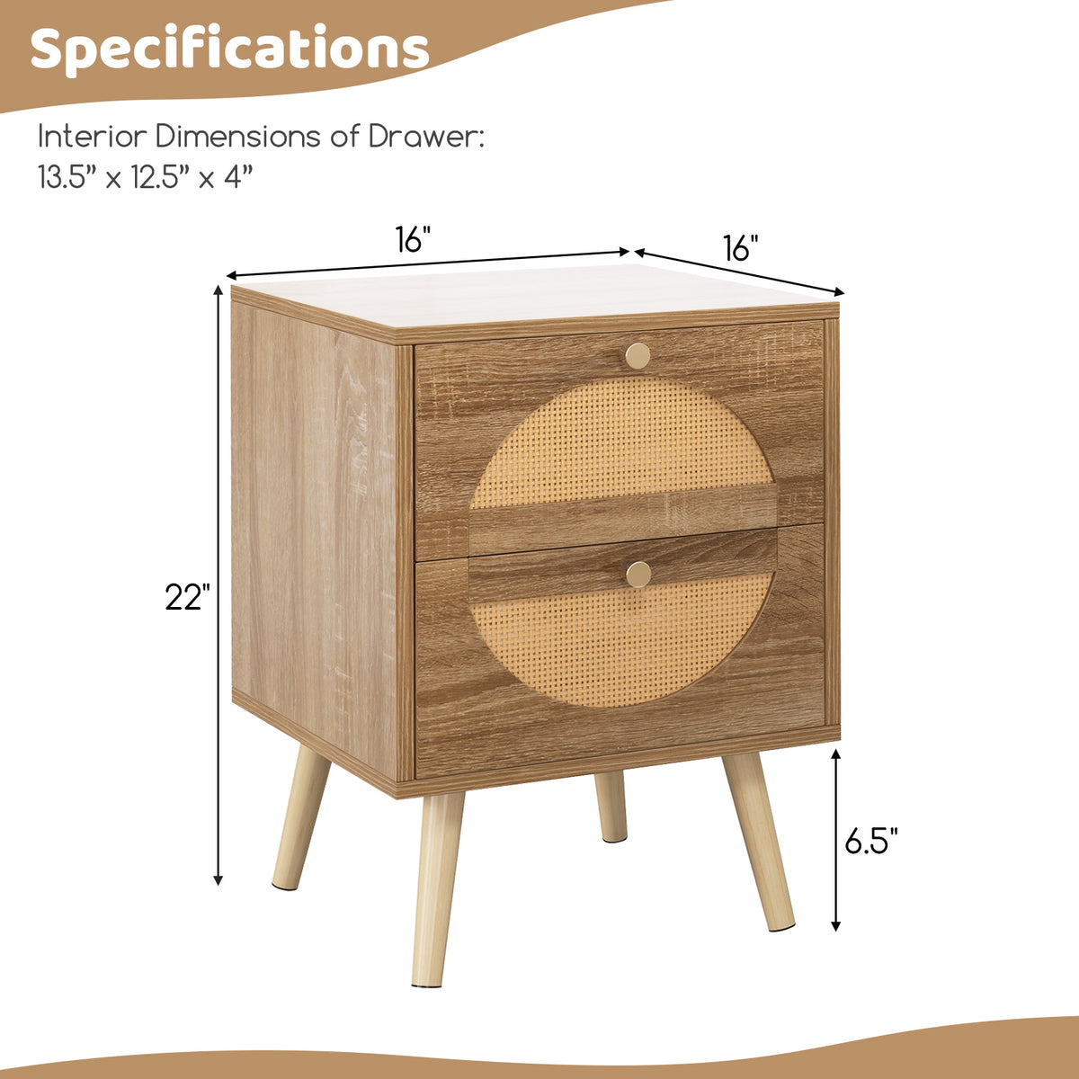 Rattan Nightstand with 2 Drawers & Wood Legs - Natural