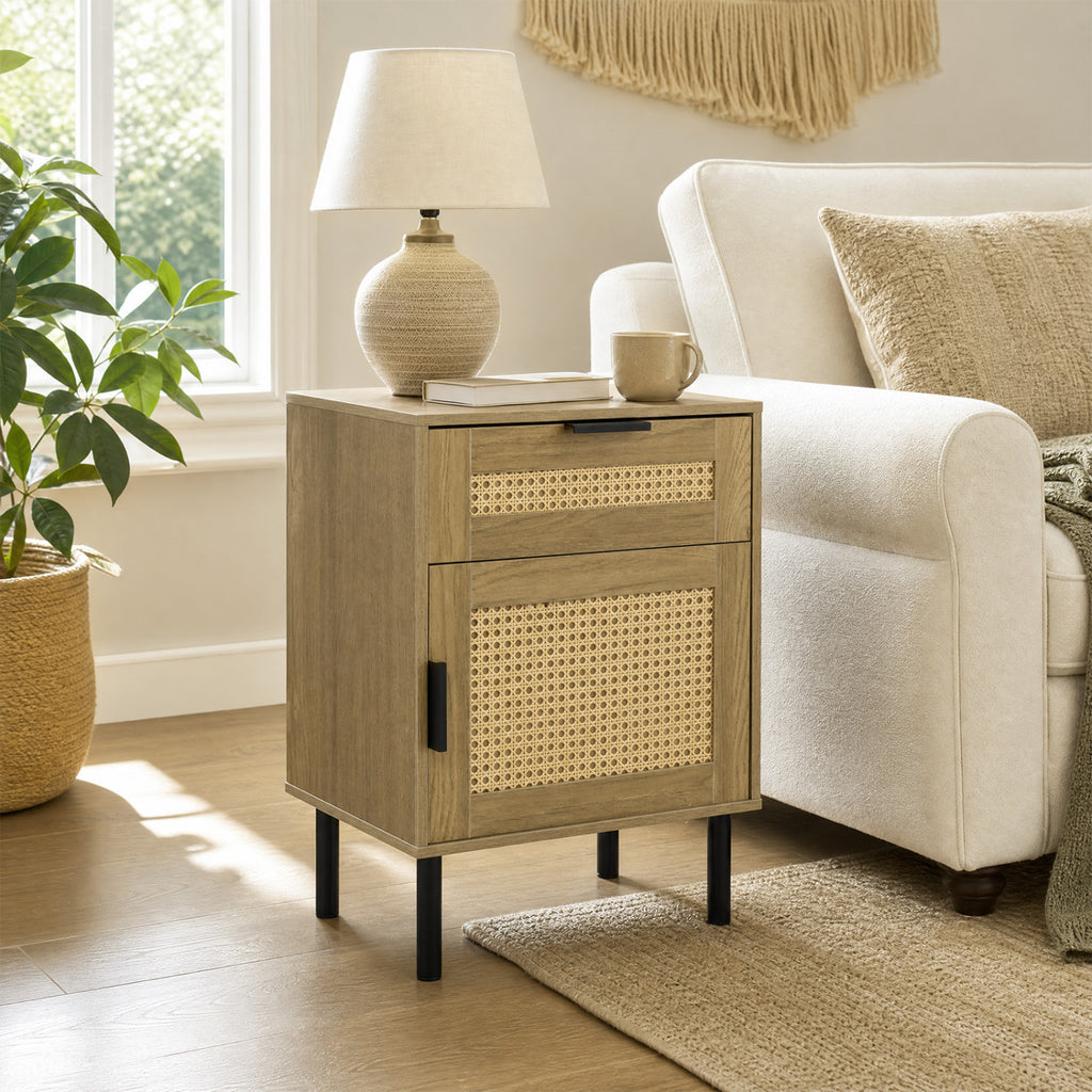 Rattan Nightstand with Drawer and Storage – Natural