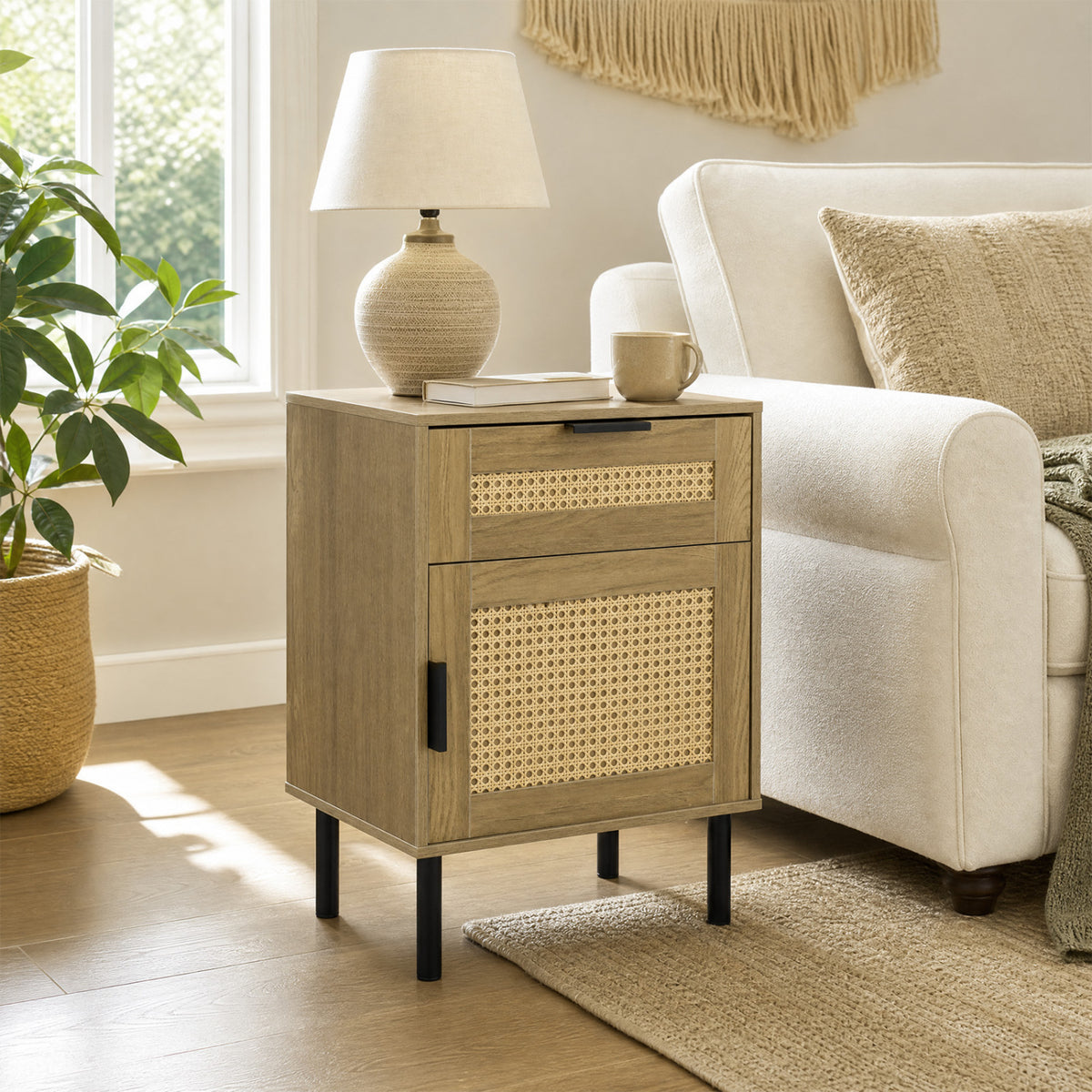 Rattan Nightstand with Drawer and Storage – Natural