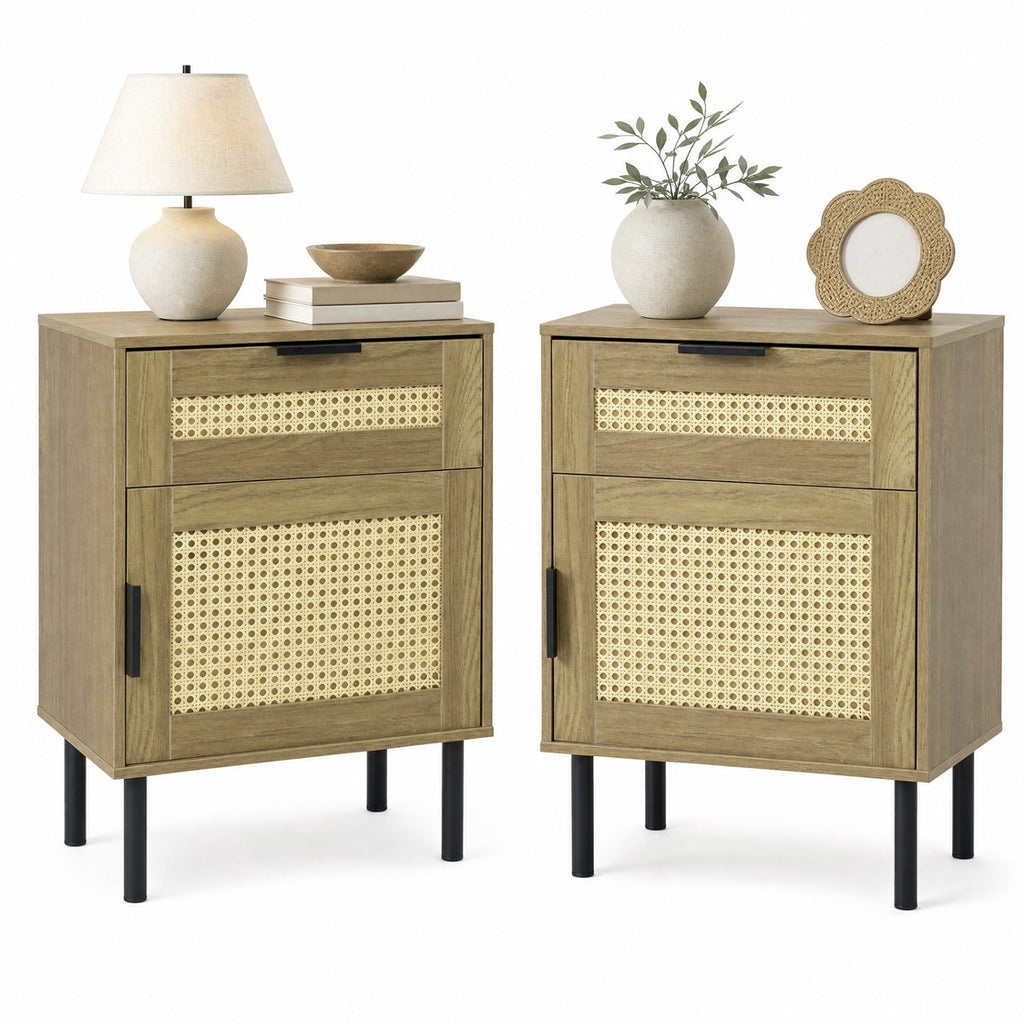 Rattan Nightstand with Drawer and Storage – Natural