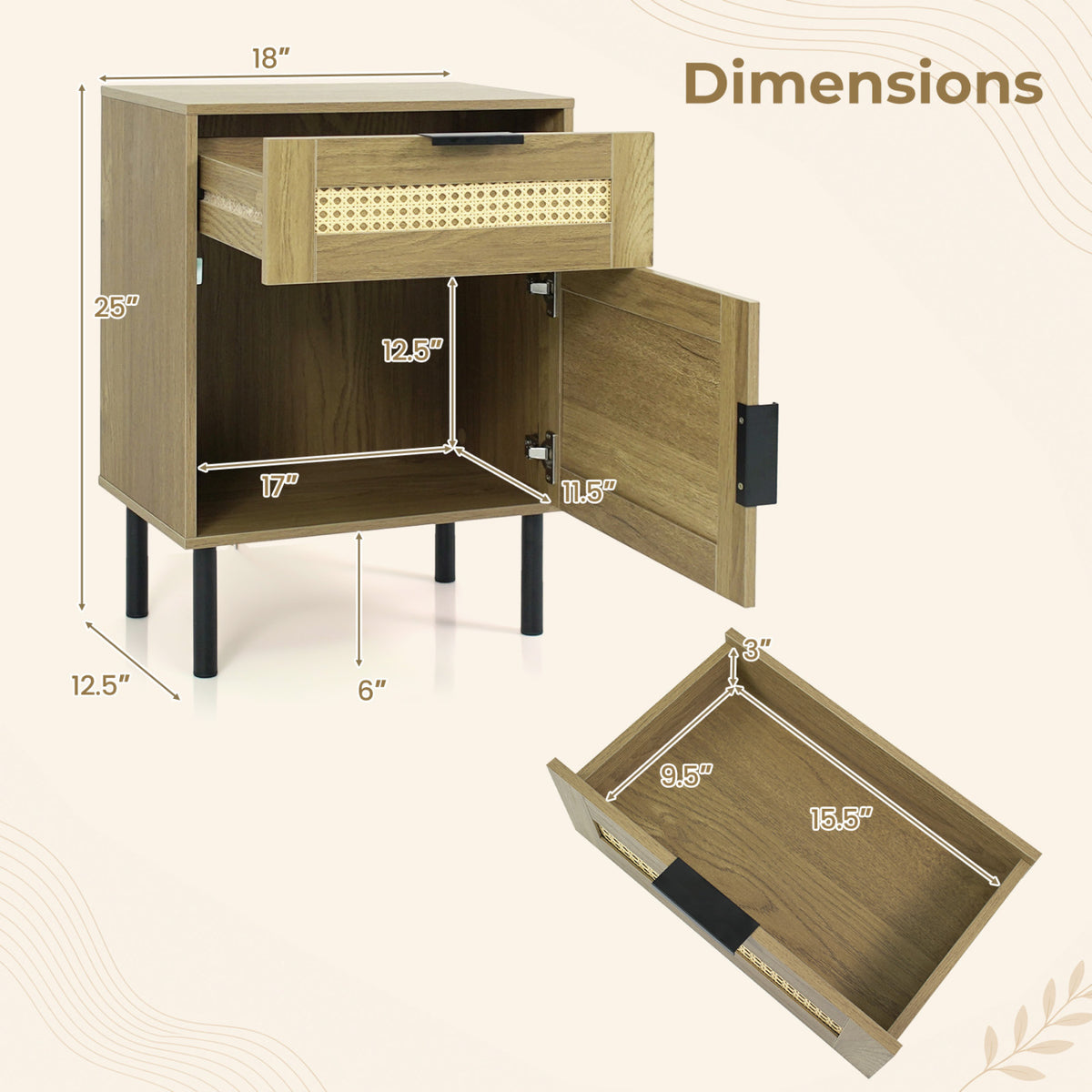 Rattan Nightstand with Drawer and Storage – Natural