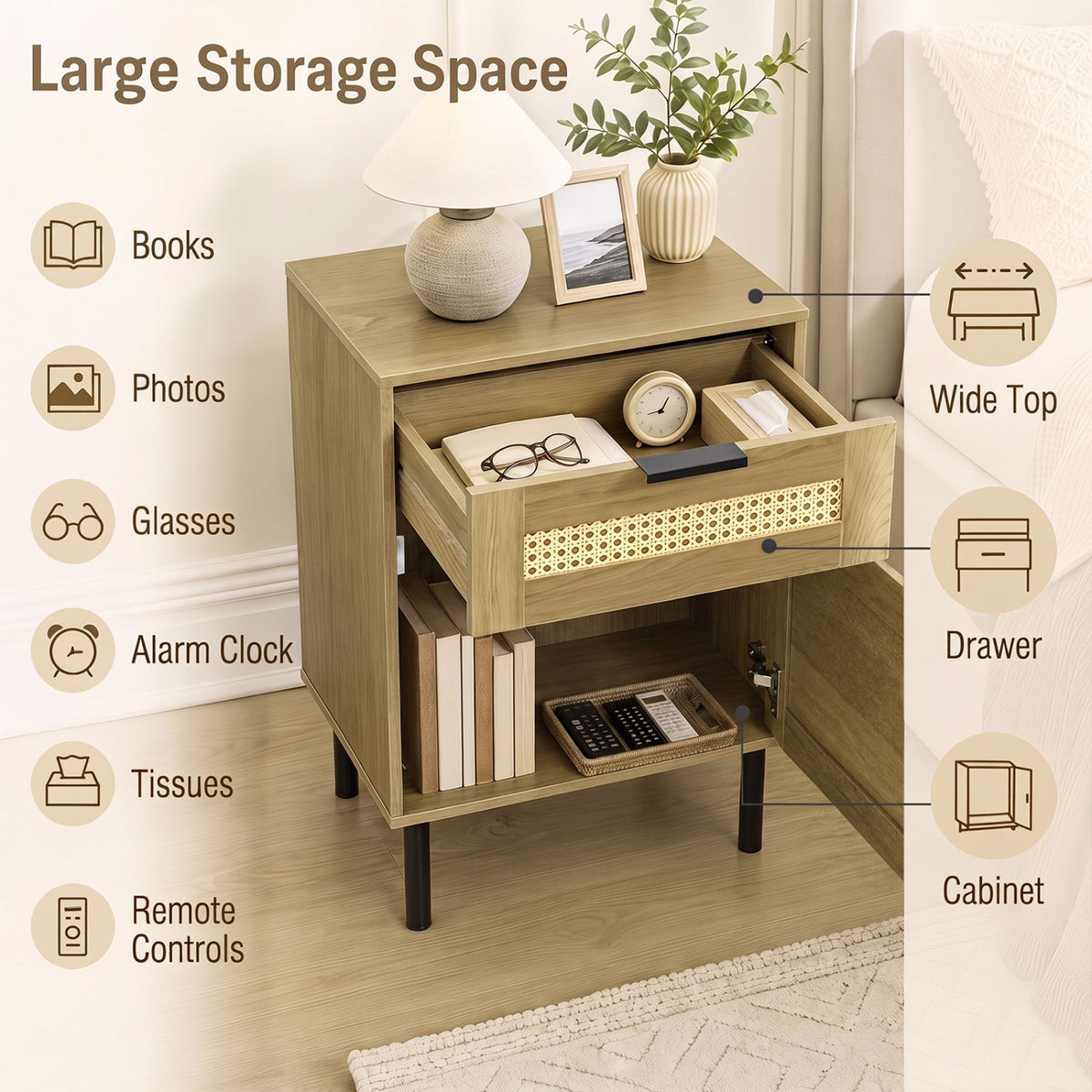 Rattan Nightstand with Drawer and Storage – Natural