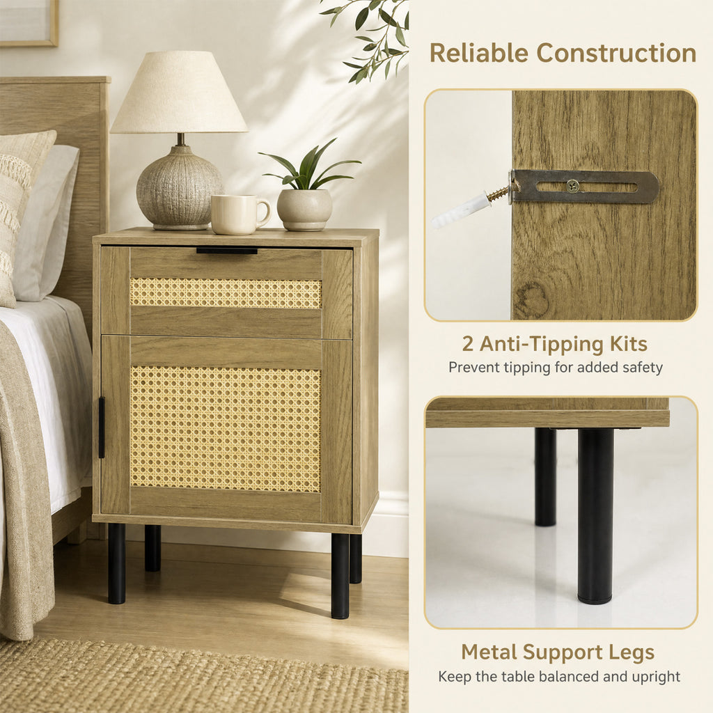 Rattan Nightstand with Drawer and Storage – Natural