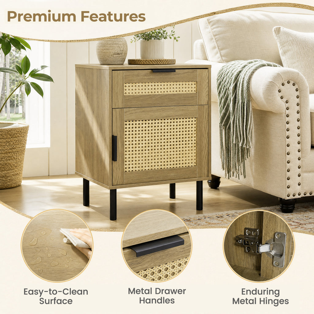 Rattan Nightstand with Drawer and Storage – Natural