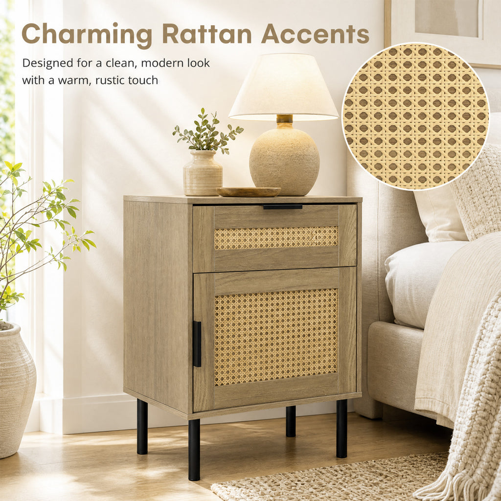 Rattan Nightstand with Drawer and Storage – Natural