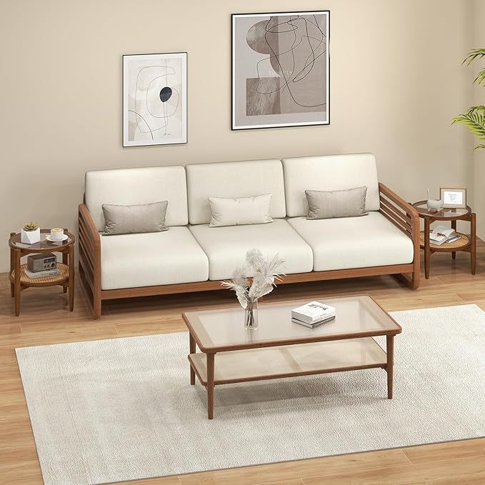 Rattan Round Side Table with Tempered Glass Top - Set of 2, Walnut