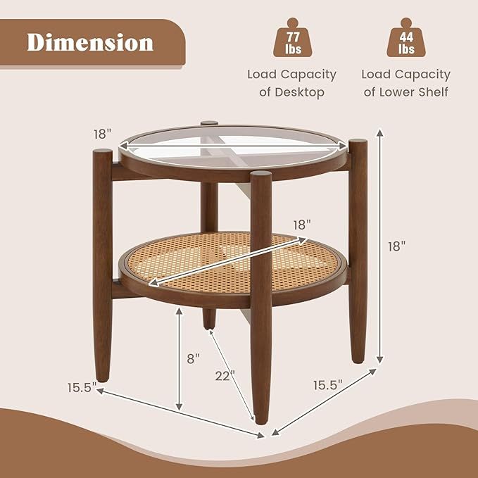 Rattan Round Side Table with Tempered Glass Top - Set of 2, Walnut