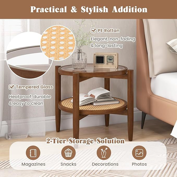 Rattan Round Side Table with Tempered Glass Top - Set of 2, Walnut