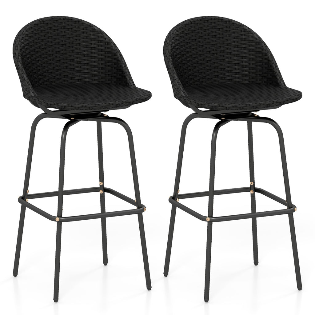 Rattan Swivel Barstools Set of 2 with Curved Back - Black