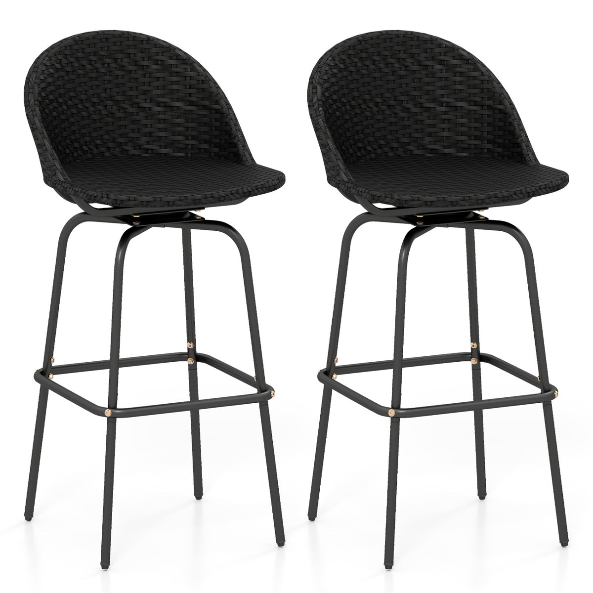 Rattan Swivel Barstools Set of 2 with Curved Back - Black