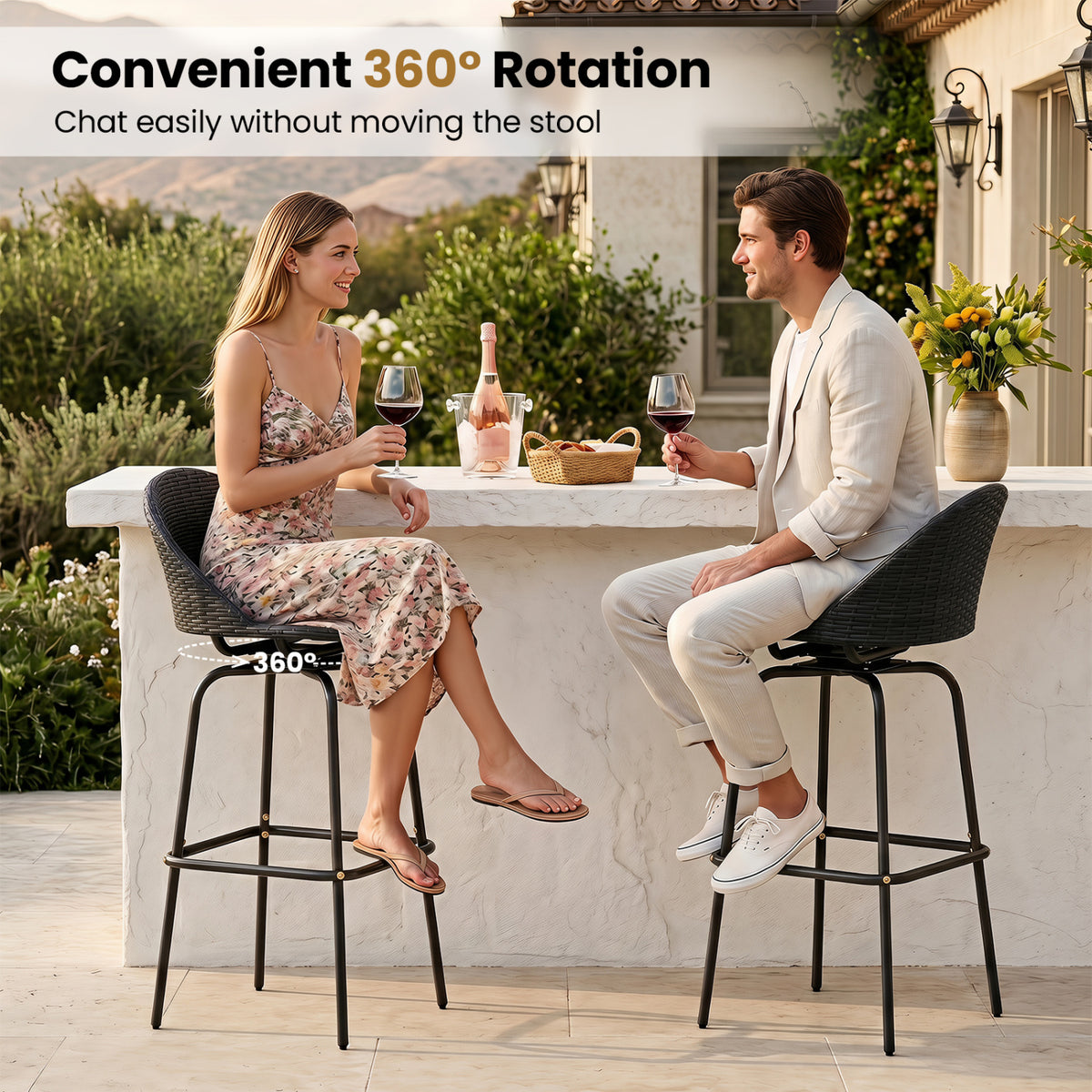 Rattan Swivel Barstools Set of 2 with Curved Back - Black