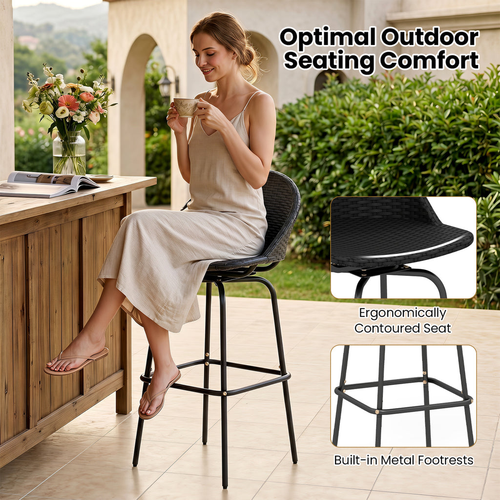 Rattan Swivel Barstools Set of 2 with Curved Back - Black