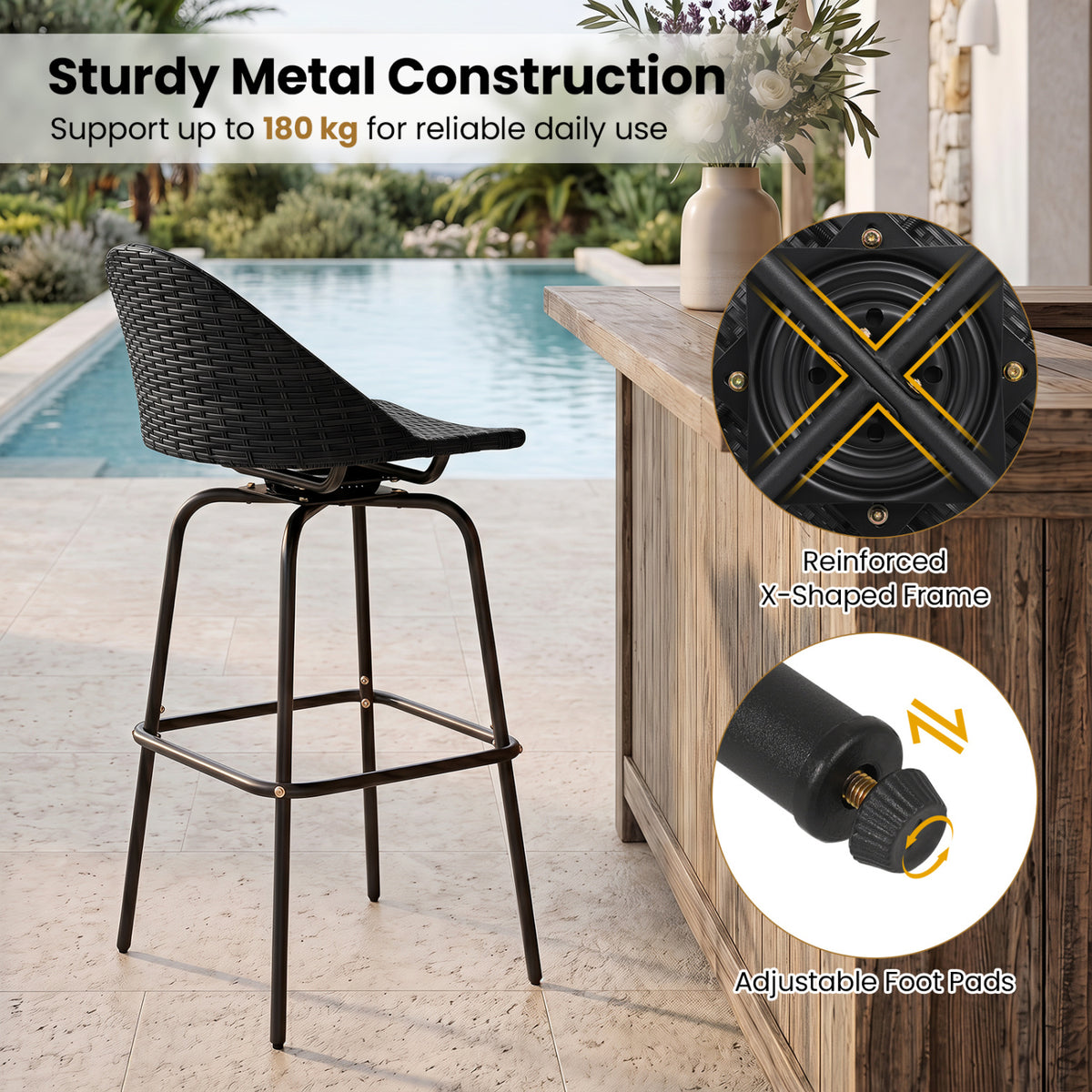 Rattan Swivel Barstools Set of 2 with Curved Back - Black
