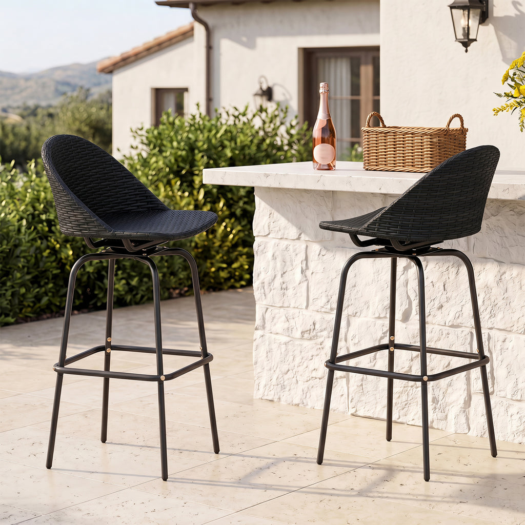 Rattan Swivel Barstools Set of 2 with Curved Back - Black
