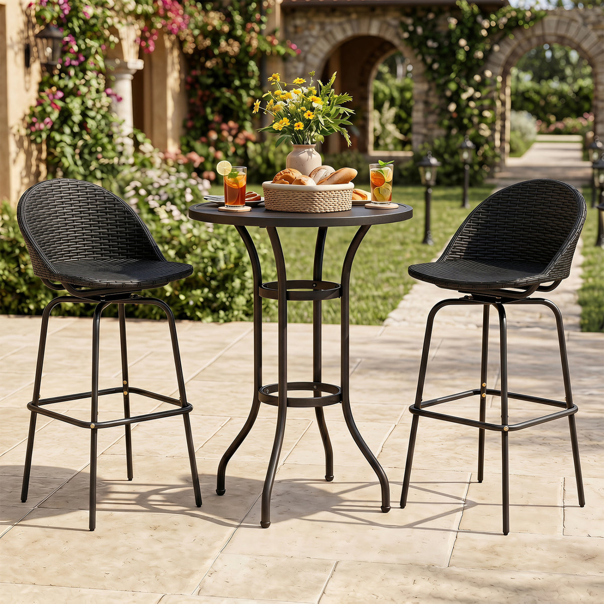 Rattan Swivel Barstools Set of 2 with Curved Back - Black