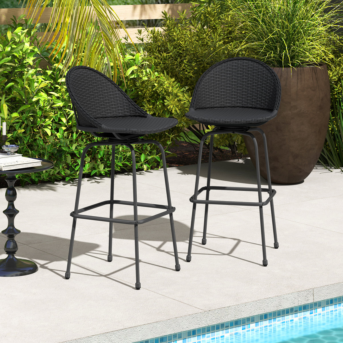 Rattan Swivel Barstools Set of 2 with Curved Back - Black
