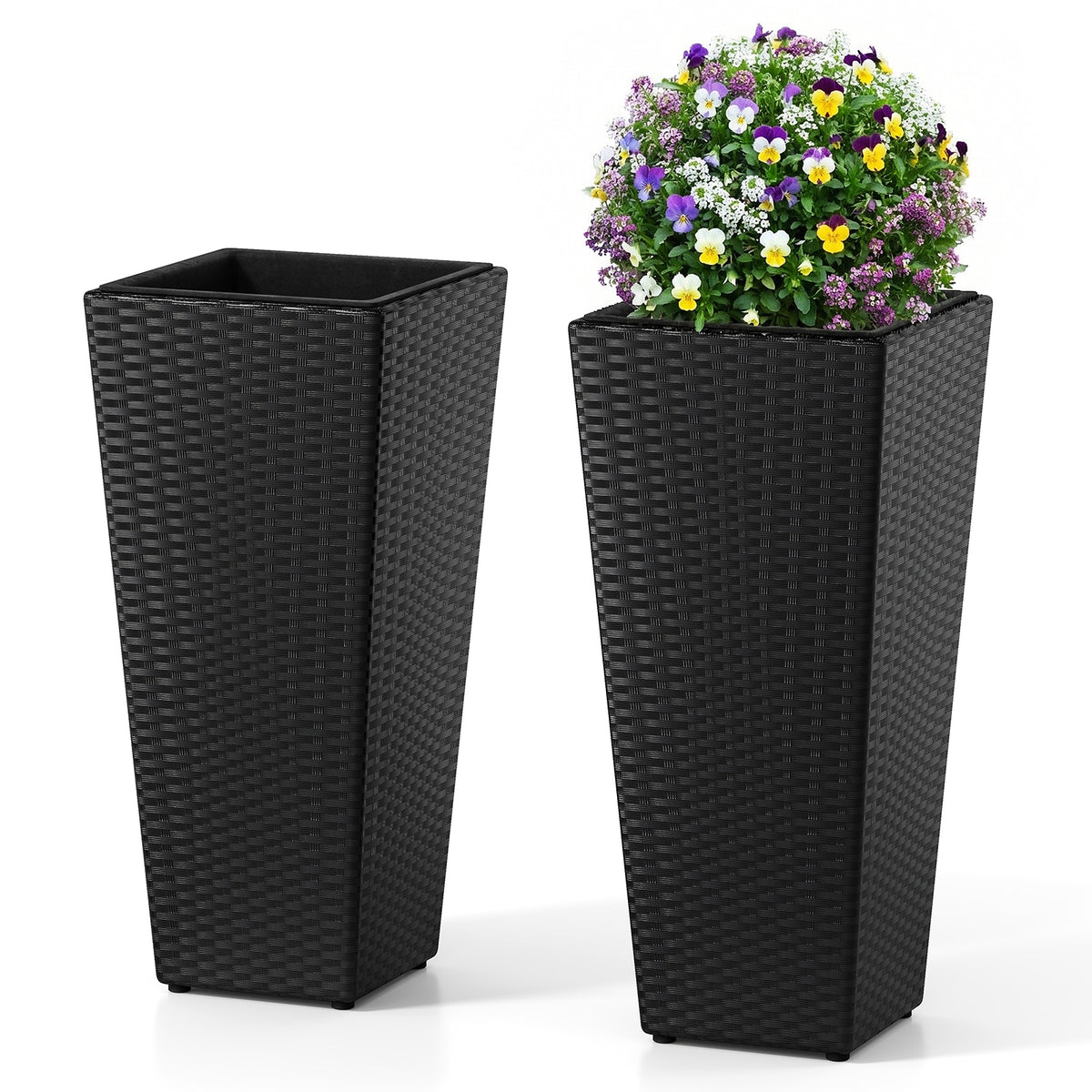 Rattan Tall Plant Pots with Plastic Liners, Set of 2 - Black