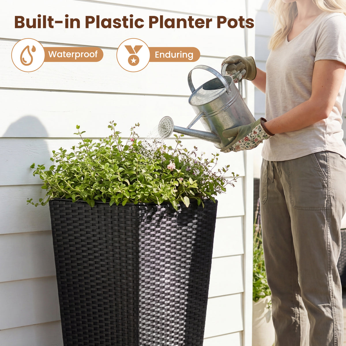 Rattan Tall Plant Pots with Plastic Liners, Set of 2 - Black
