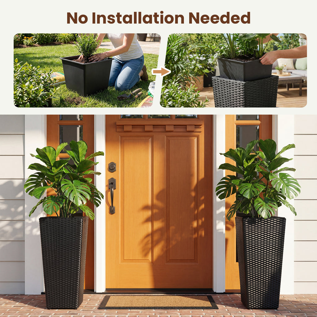 Rattan Tall Plant Pots with Plastic Liners, Set of 2 - Black