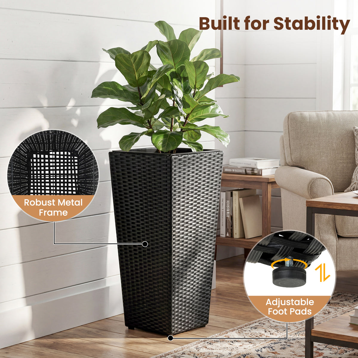 Rattan Tall Plant Pots with Plastic Liners, Set of 2 - Black