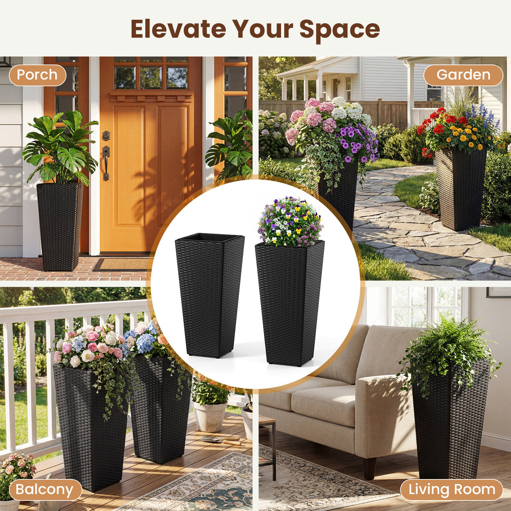Rattan Tall Plant Pots with Plastic Liners, Set of 2 - Black