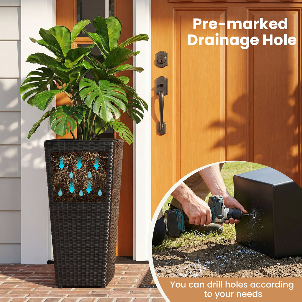 Rattan Tall Plant Pots with Plastic Liners, Set of 2 - Black