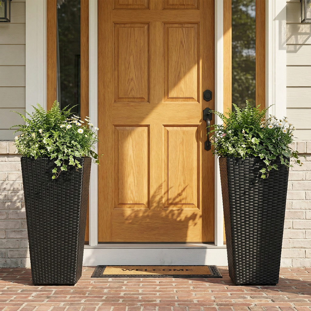 Rattan Tall Plant Pots with Plastic Liners, Set of 2 - Black