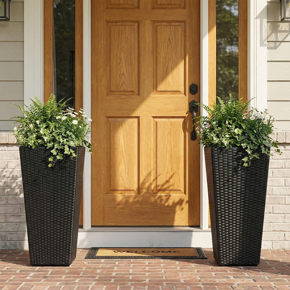 Rattan Tall Plant Pots with Plastic Liners, Set of 2 - Black