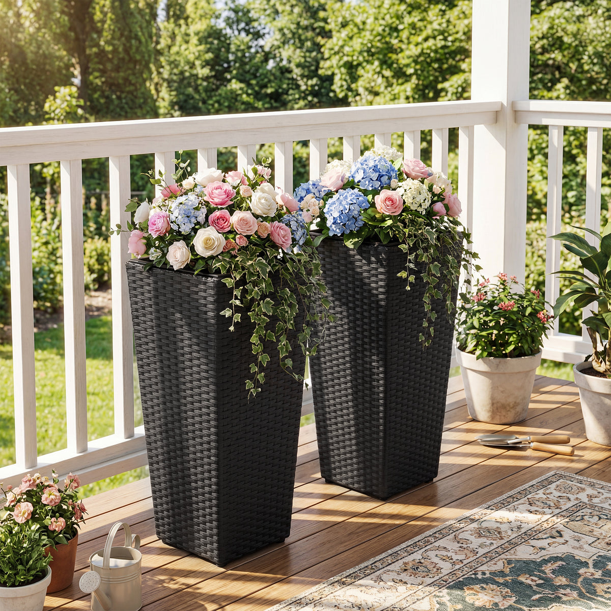 Rattan Tall Plant Pots with Plastic Liners, Set of 2 - Black