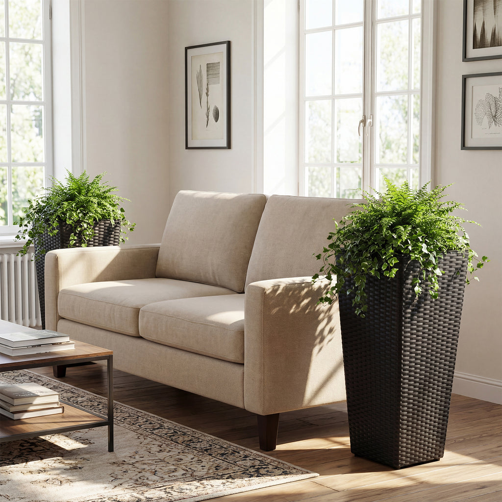 Rattan Tall Plant Pots with Plastic Liners, Set of 2 - Black