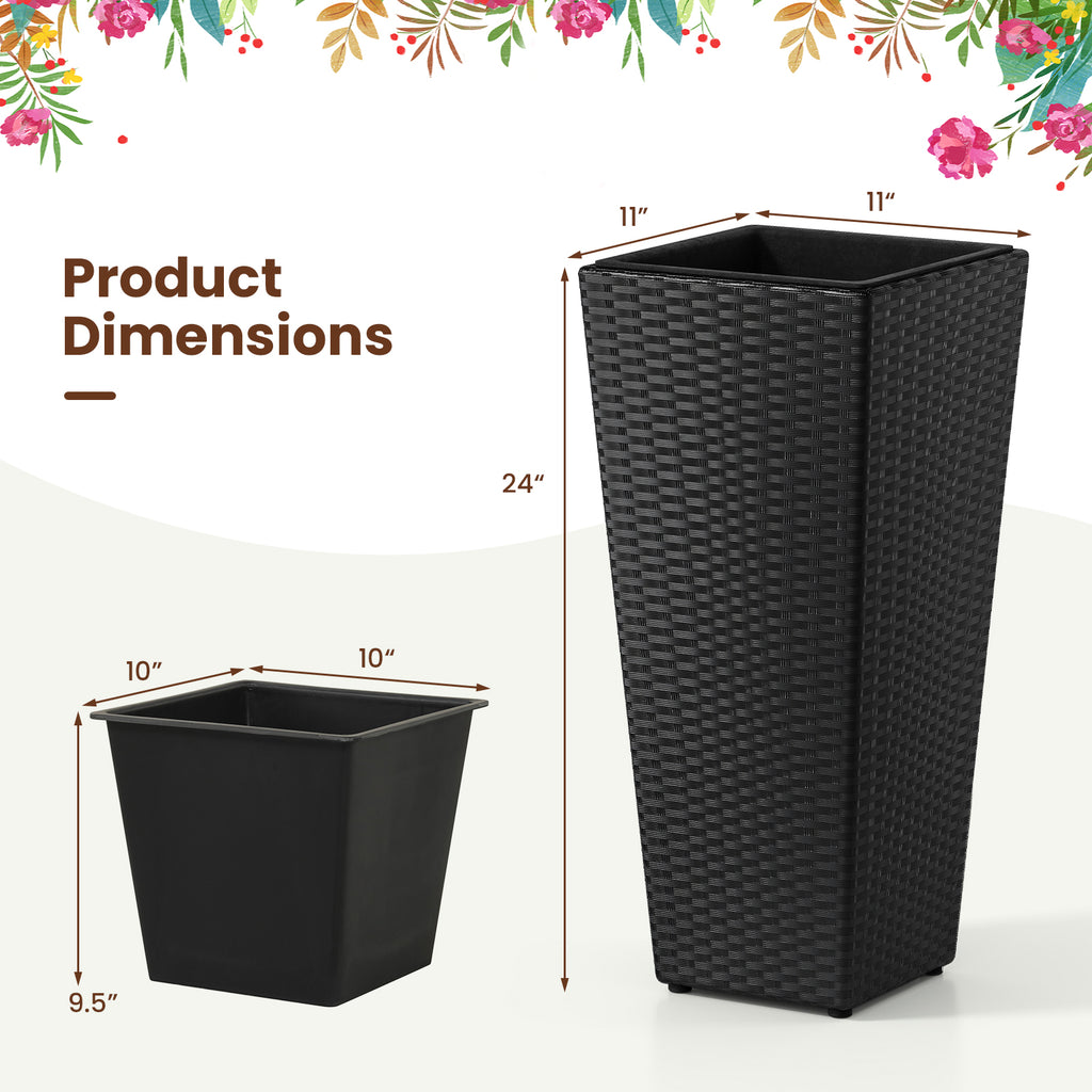 Rattan Tall Plant Pots with Plastic Liners, Set of 2 - Black