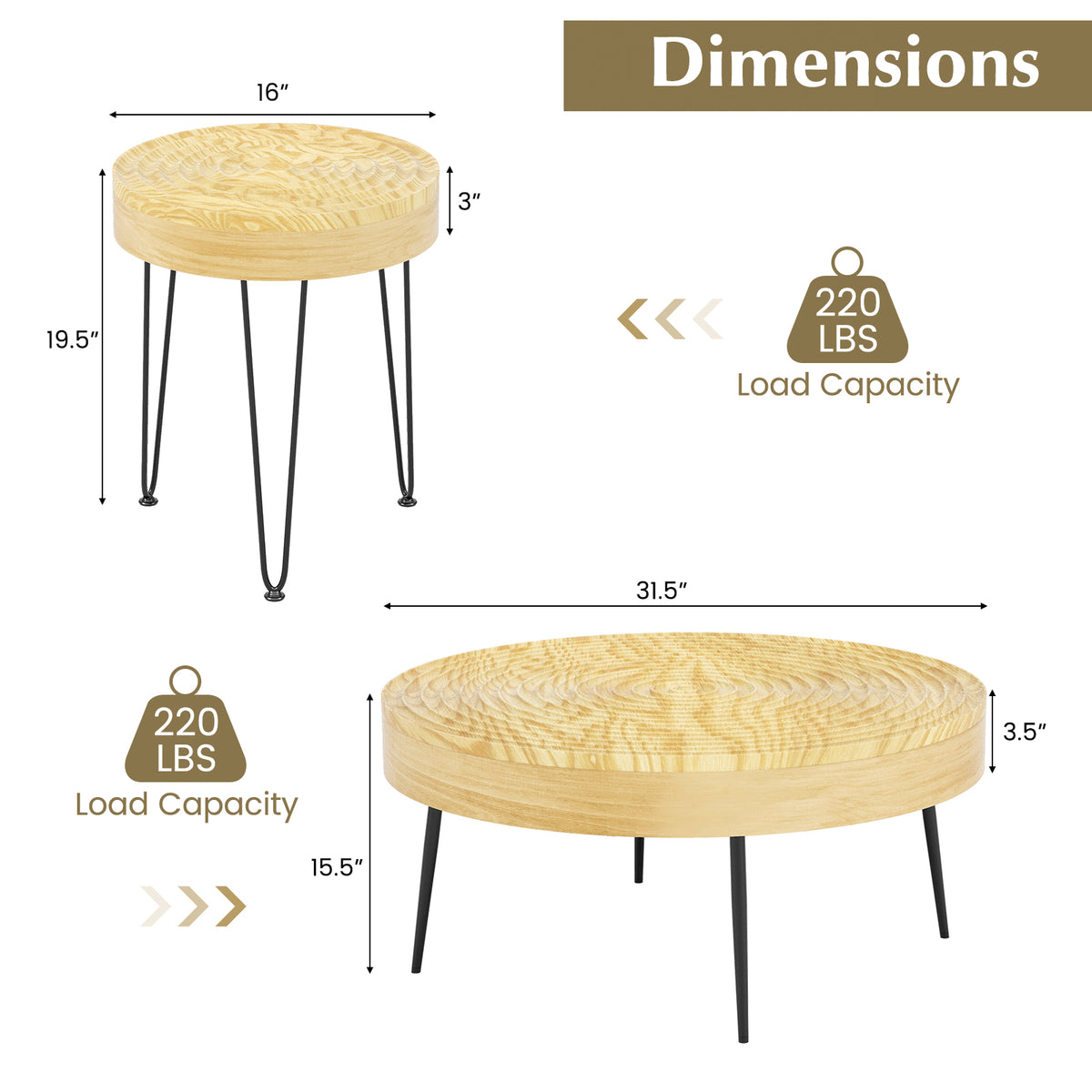 Solid Wood Coffee Table Set of 2 - Natural