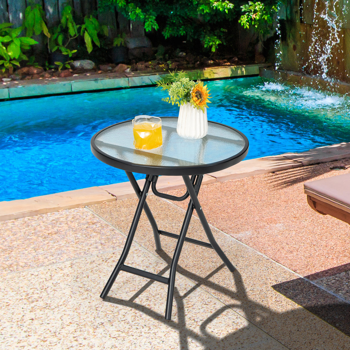 Set of 2 Round Patio Side Table with Tempered Glass Top