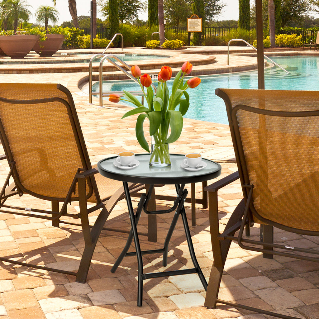 Set of 2 Round Patio Side Table with Tempered Glass Top