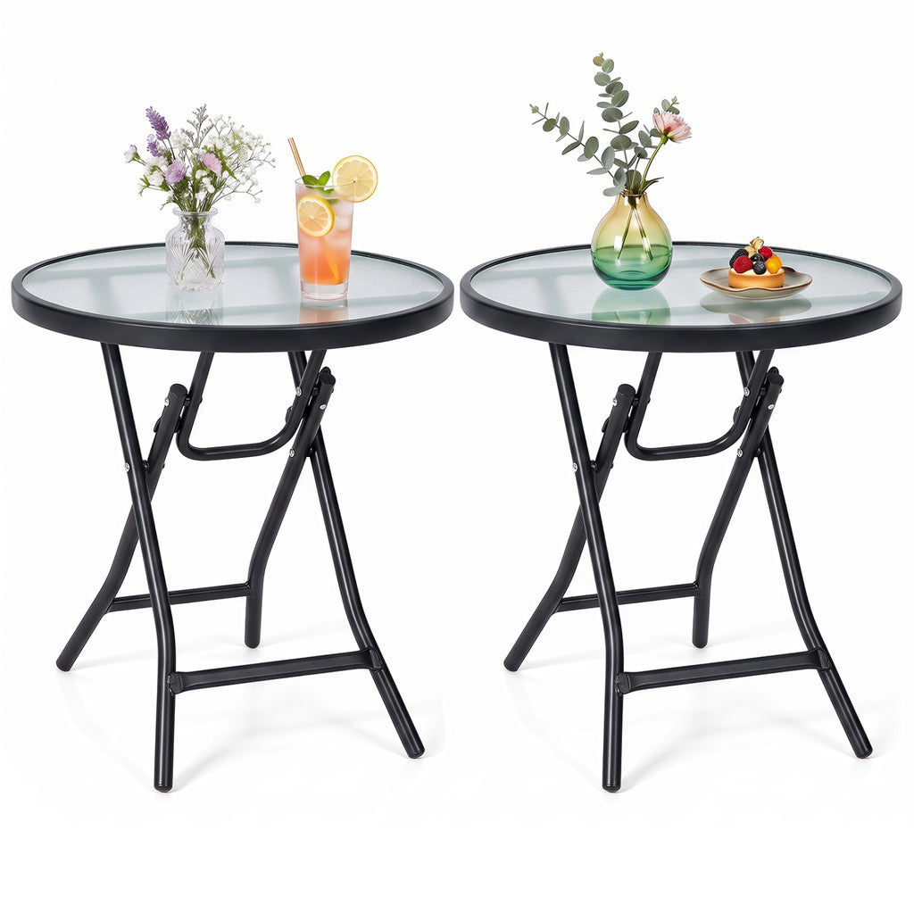 Set of 2 Round Patio Side Table with Tempered Glass Top