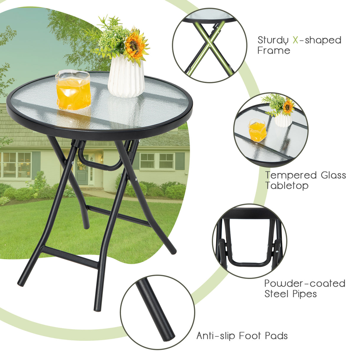 Set of 2 Round Patio Side Table with Tempered Glass Top
