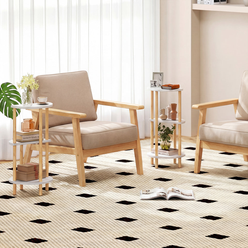 Round Side Table with 3-Tier Bamboo Shelves, White