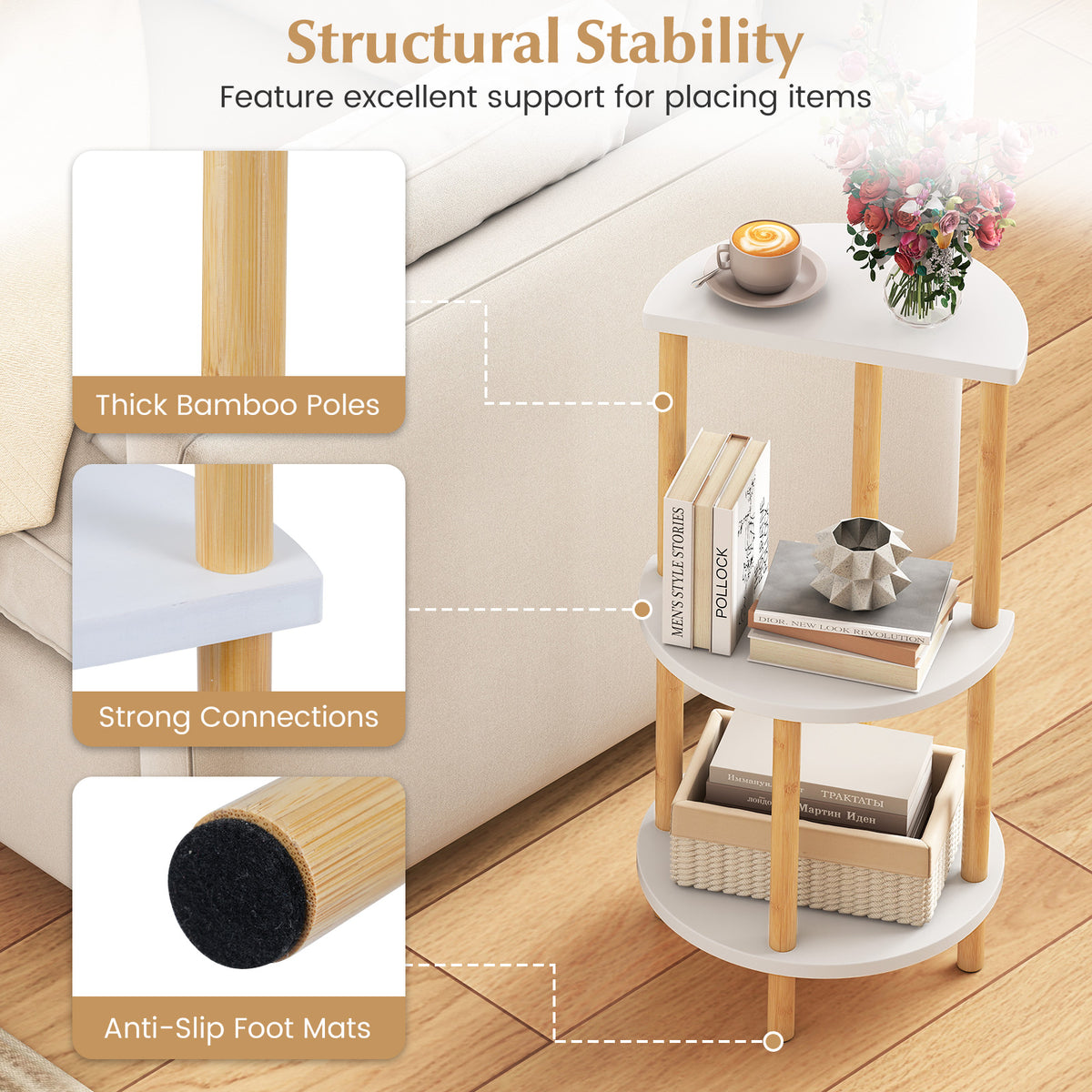 Round Side Table with 3-Tier Bamboo Shelves, White