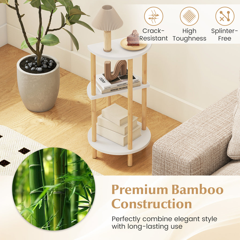Round Side Table with 3-Tier Bamboo Shelves, White
