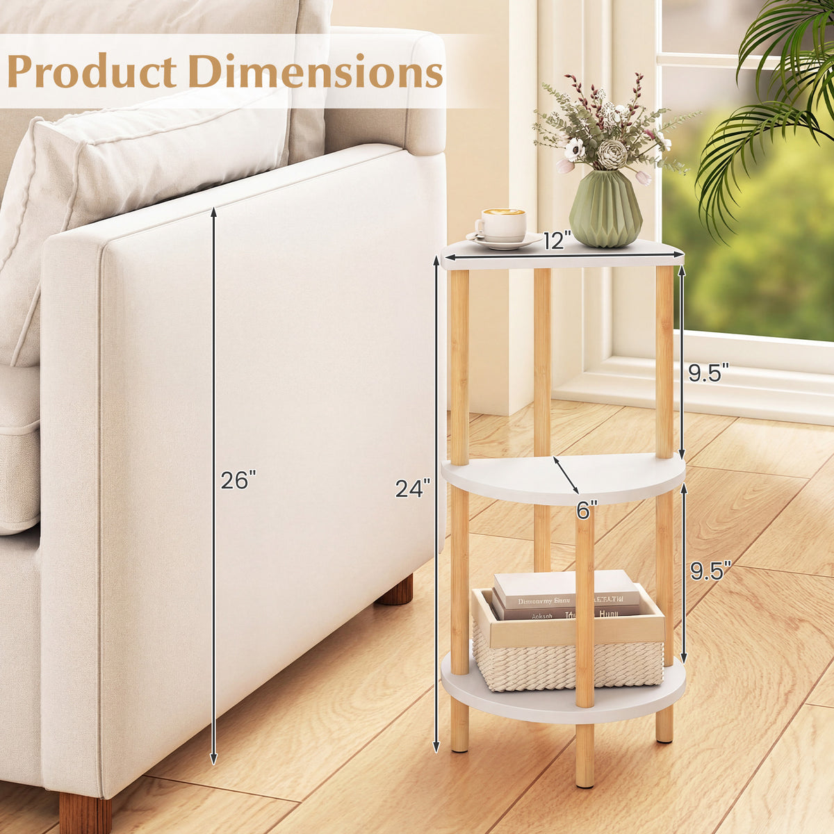 Round Side Table with 3-Tier Bamboo Shelves, White
