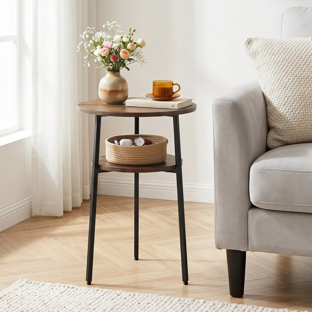 Round Side Table with Storage Shelf, Metal Frame – Rustic Brown