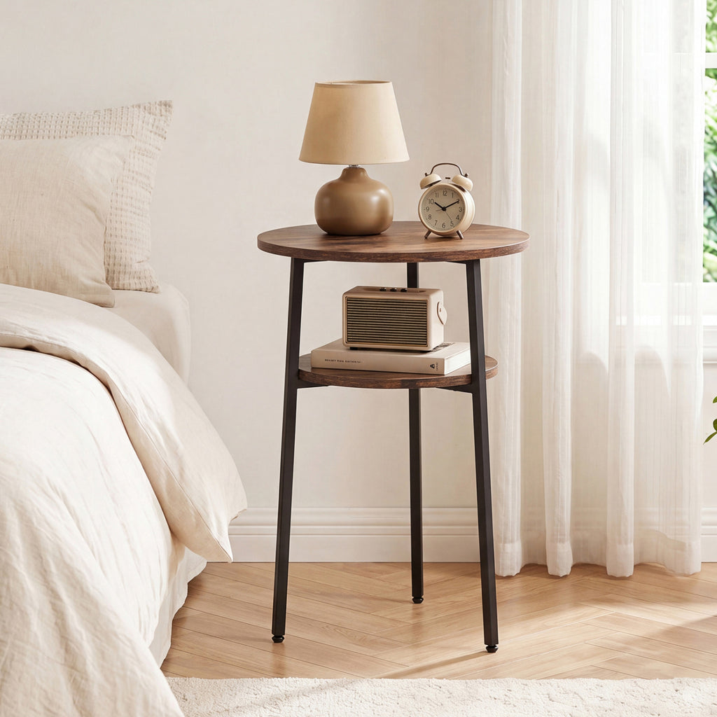 Round Side Table with Storage Shelf, Metal Frame – Rustic Brown